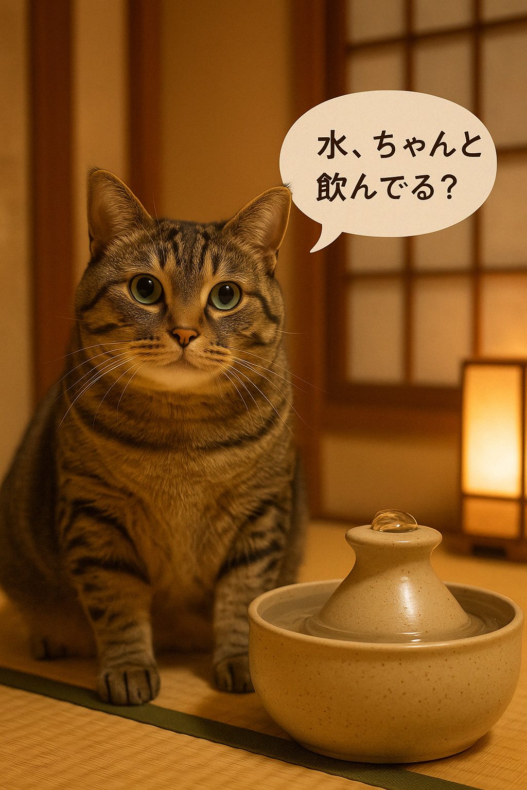 水を飲まないキジトラ猫が悩んでいる様子のイメージ画像。猫の水分補給対策に関する記事のアイキャッチ画像。