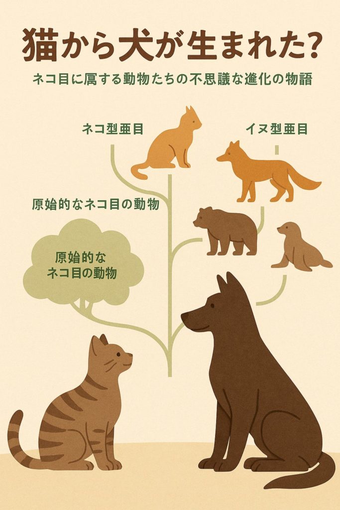 向かい合うネコとイヌのシルエット。背後には進化の系統図が描かれ、ネコ目の動物たちのつながりを示しているイラスト風の図解。