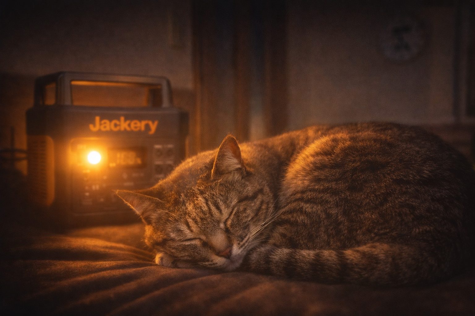 停電時に役立つJackeryポータブル電源の暖かい明かりのそばで丸くなって眠る猫