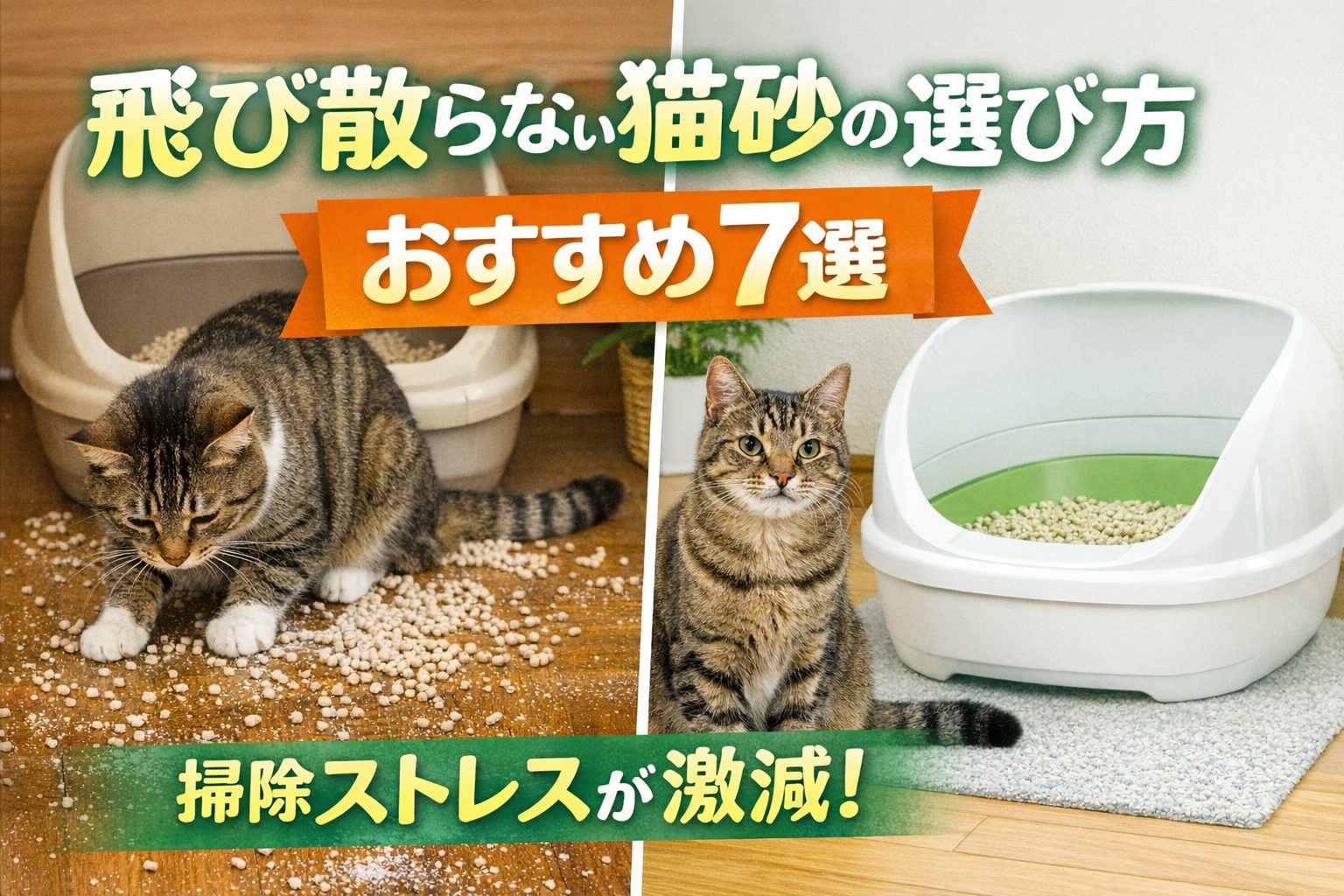 飛び散らない猫砂の選び方とおすすめ7選｜猫トイレ周りの砂が散らからない比較イメージ