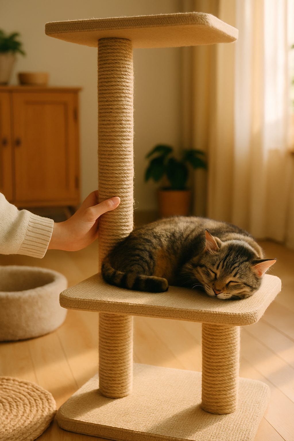 猫が使いやすいようにキャットタワーを組み立てる飼い主
