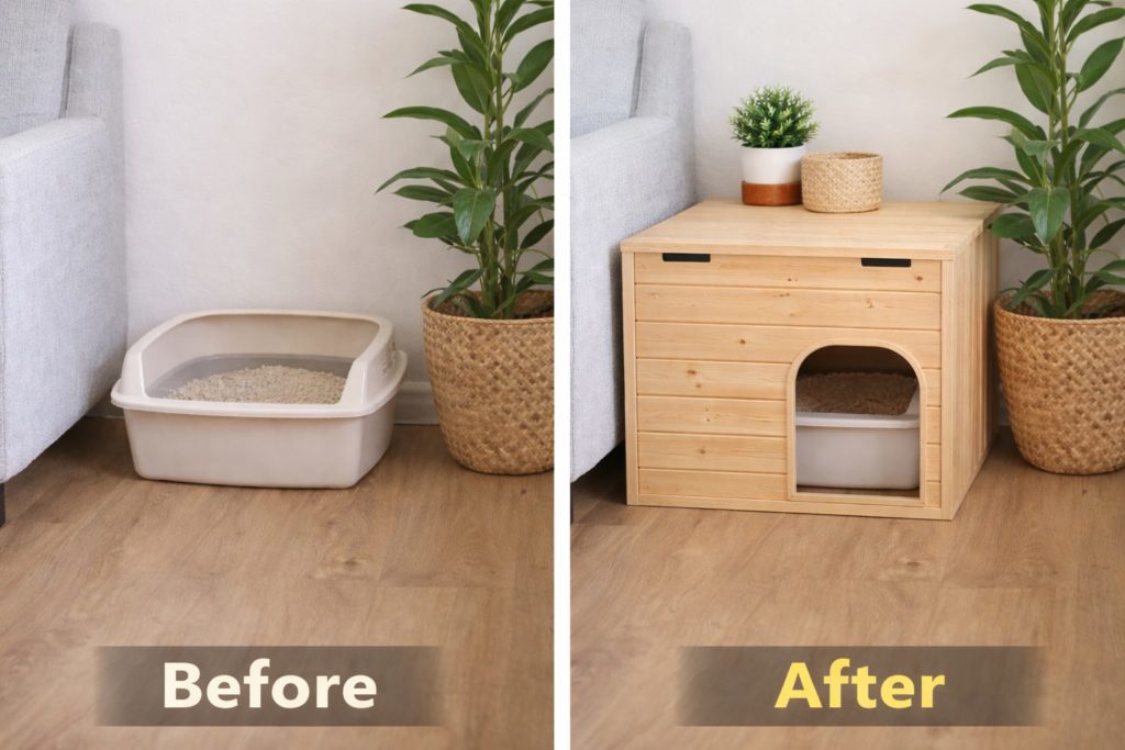 すのこDIYで猫トイレを目隠しした手作りカバーの例