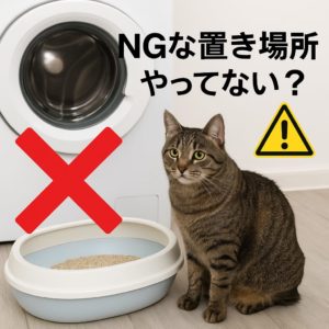 猫が嫌がるトイレの置き場所の例。洗濯機の横に置かれ、キジトラ猫が落ち着かない様子のイラスト
