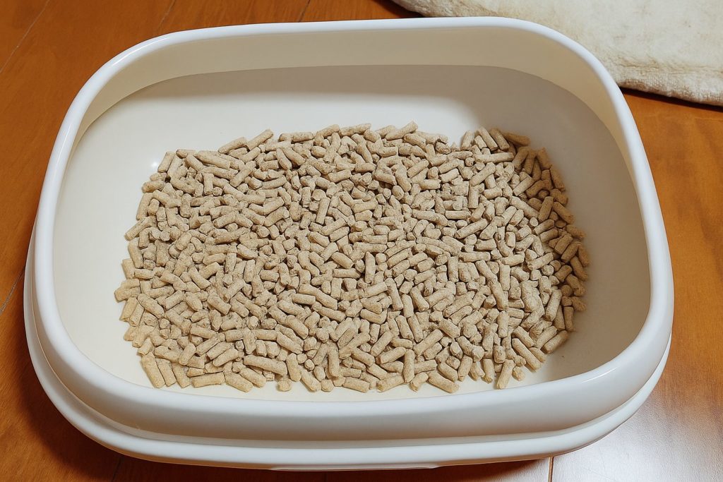 猫トイレの中に敷かれた杉にゃんの粒。原料である杉チップの自然な質感がわかる