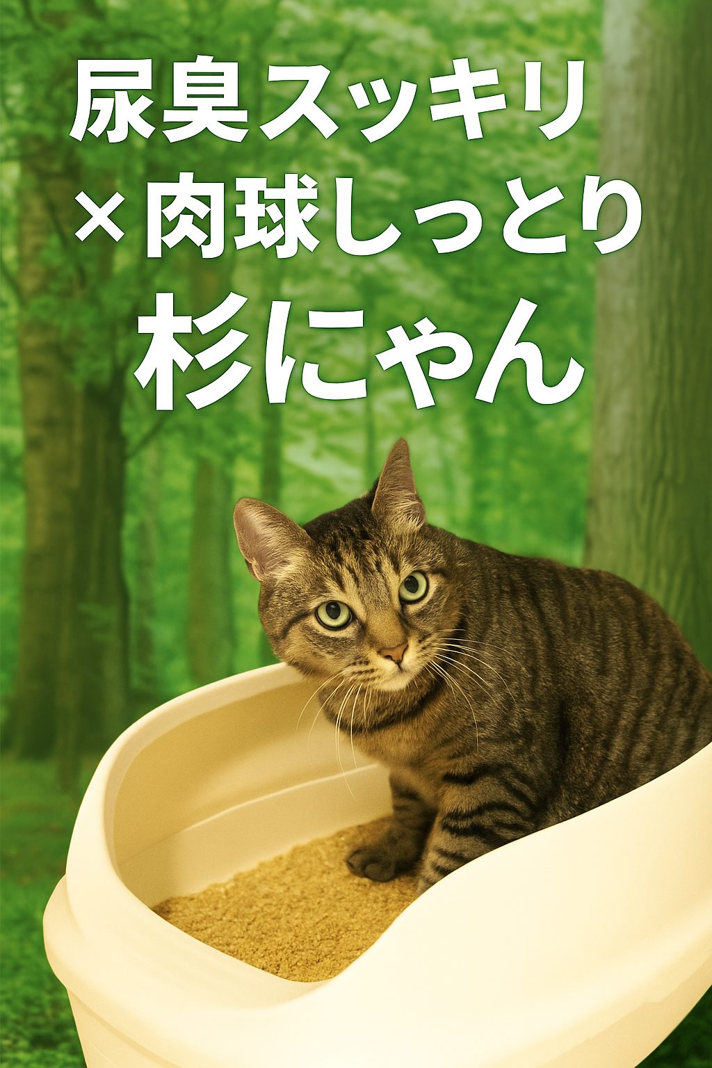 消臭・保湿に優れたスキンケア猫砂「杉にゃん」を使っている猫（森林浴イメージ）
