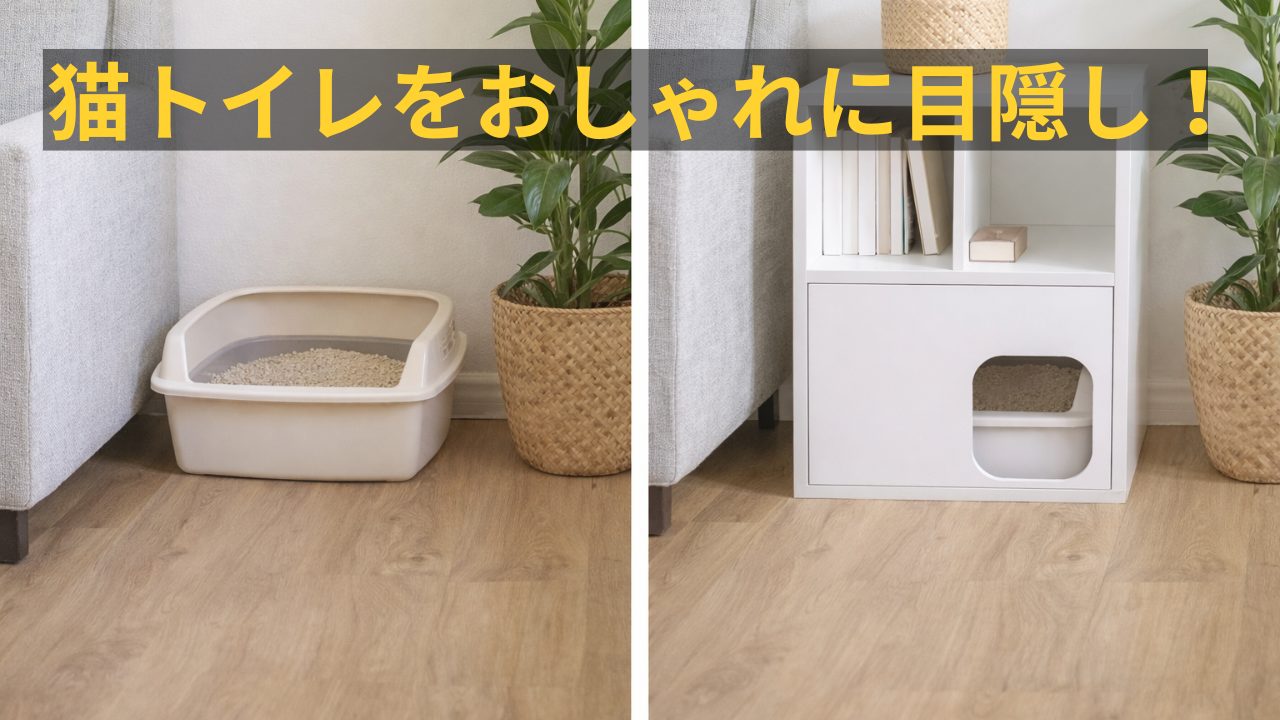 猫トイレをそのまま置いた状態とカラーボックスで目隠ししたビフォーアフター比較