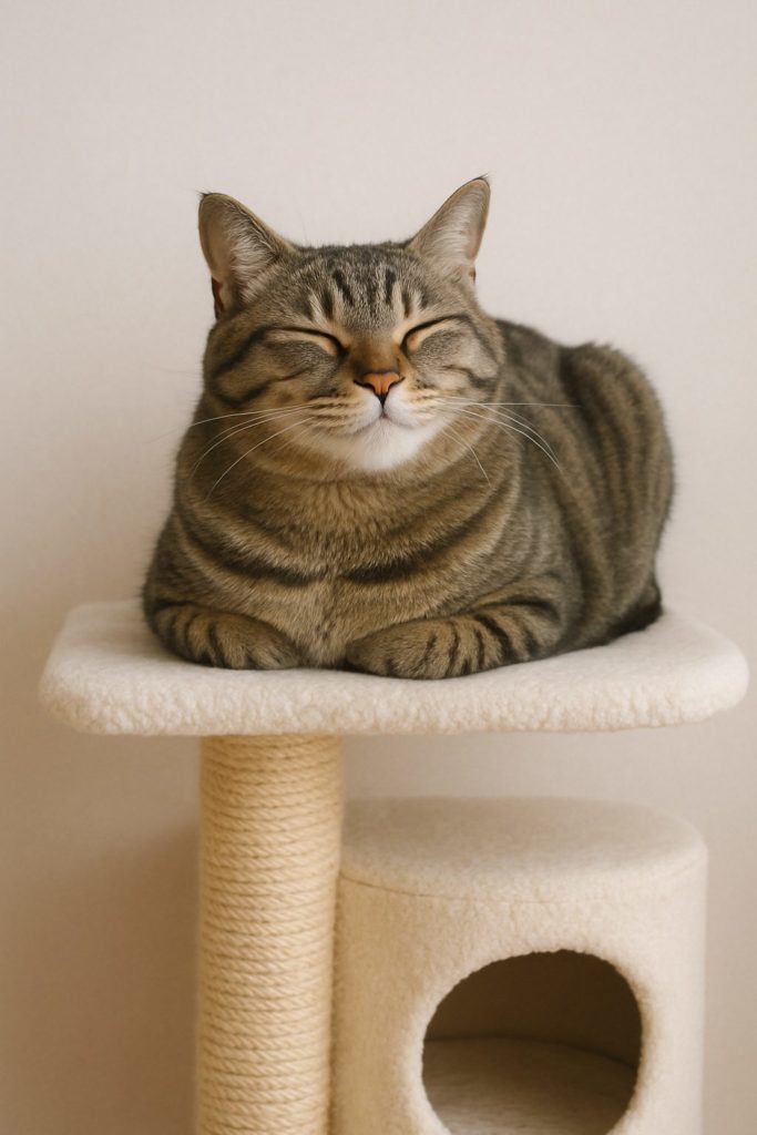 猫のみいちゃんがキャットタワーの上でリラックスしてくつろいでいる写真。天然木の柔らかい雰囲気と猫の落ち着いた様子が伝わる。