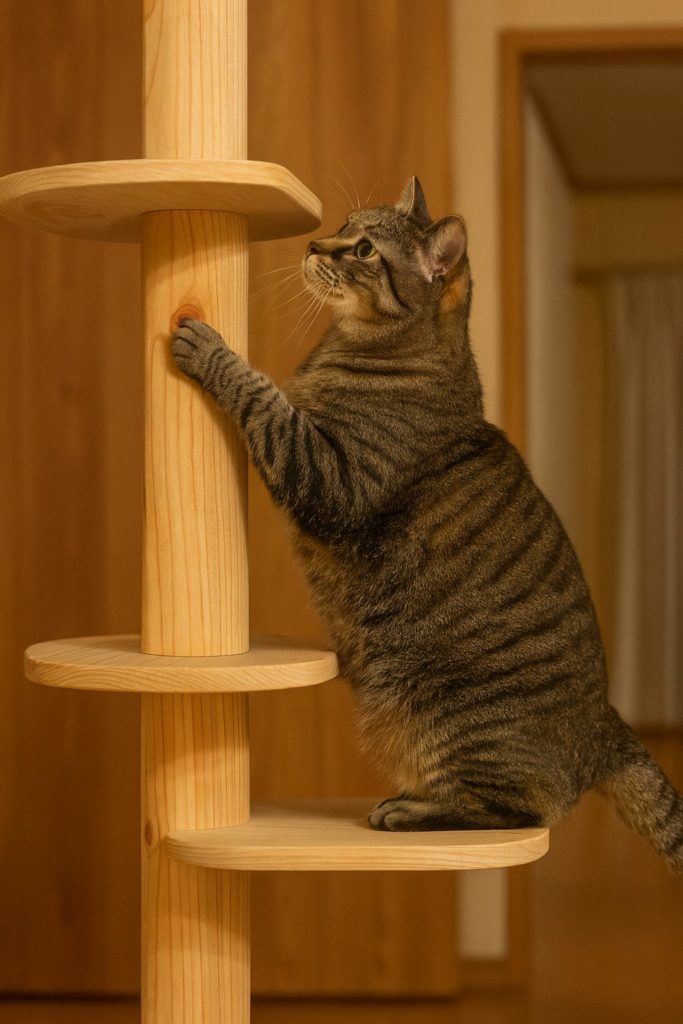 猫のみいちゃんがキャットタワーのステップに前足をかけて上っている様子。ステップの段差がゆるやかで上りやすいことが分かる写真。