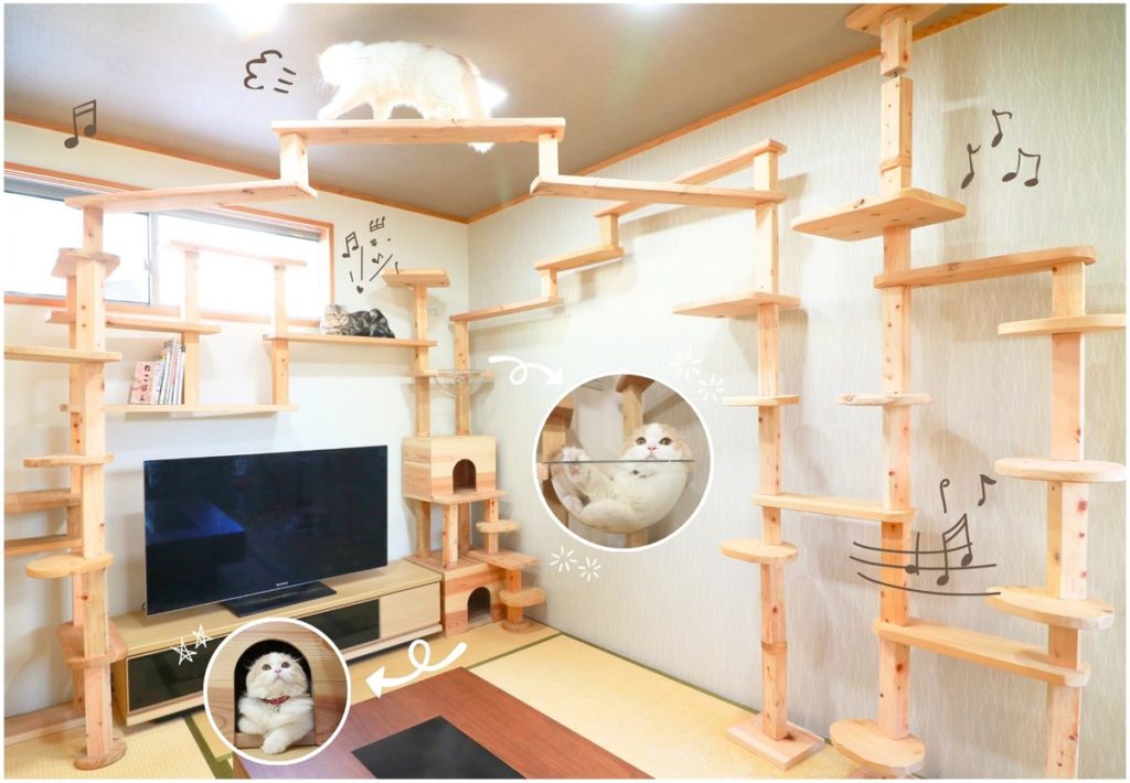 天然木で作られたmokumekuキャットタワーを複数組み合わせたレイアウト全体のイメージ。猫が高いステップで遊んでいる様子。