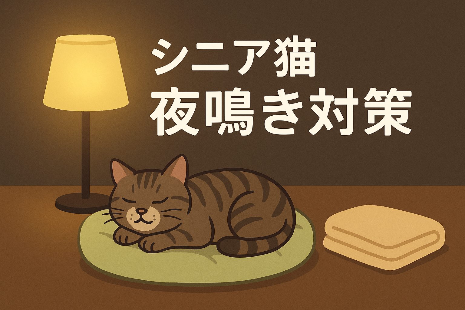 やわらかい照明の中、シニア猫が毛布とベッドのそばで安心して眠っている様子。夜鳴き対策や安心できる環境作りを表現したイメージ