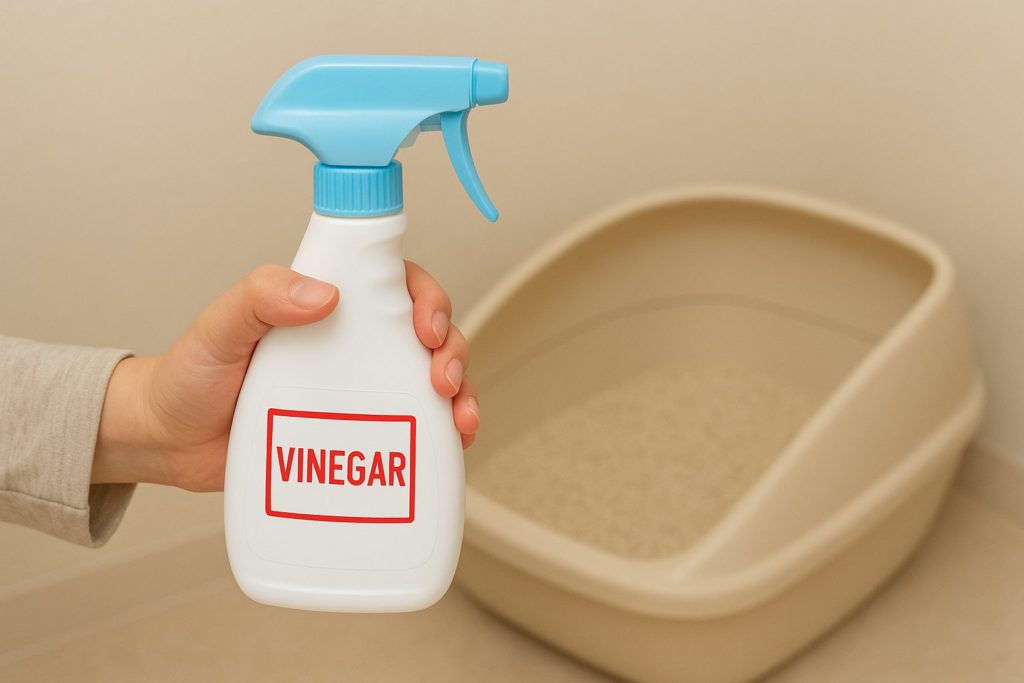 猫トイレ掃除に使うお酢（クエン酸）スプレーを持っている手元の写真