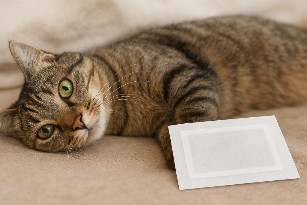 ゴロンと横になってくつろぐキジトラ猫のみいちゃんの横に、白いダニ捕りシートが置かれている様子