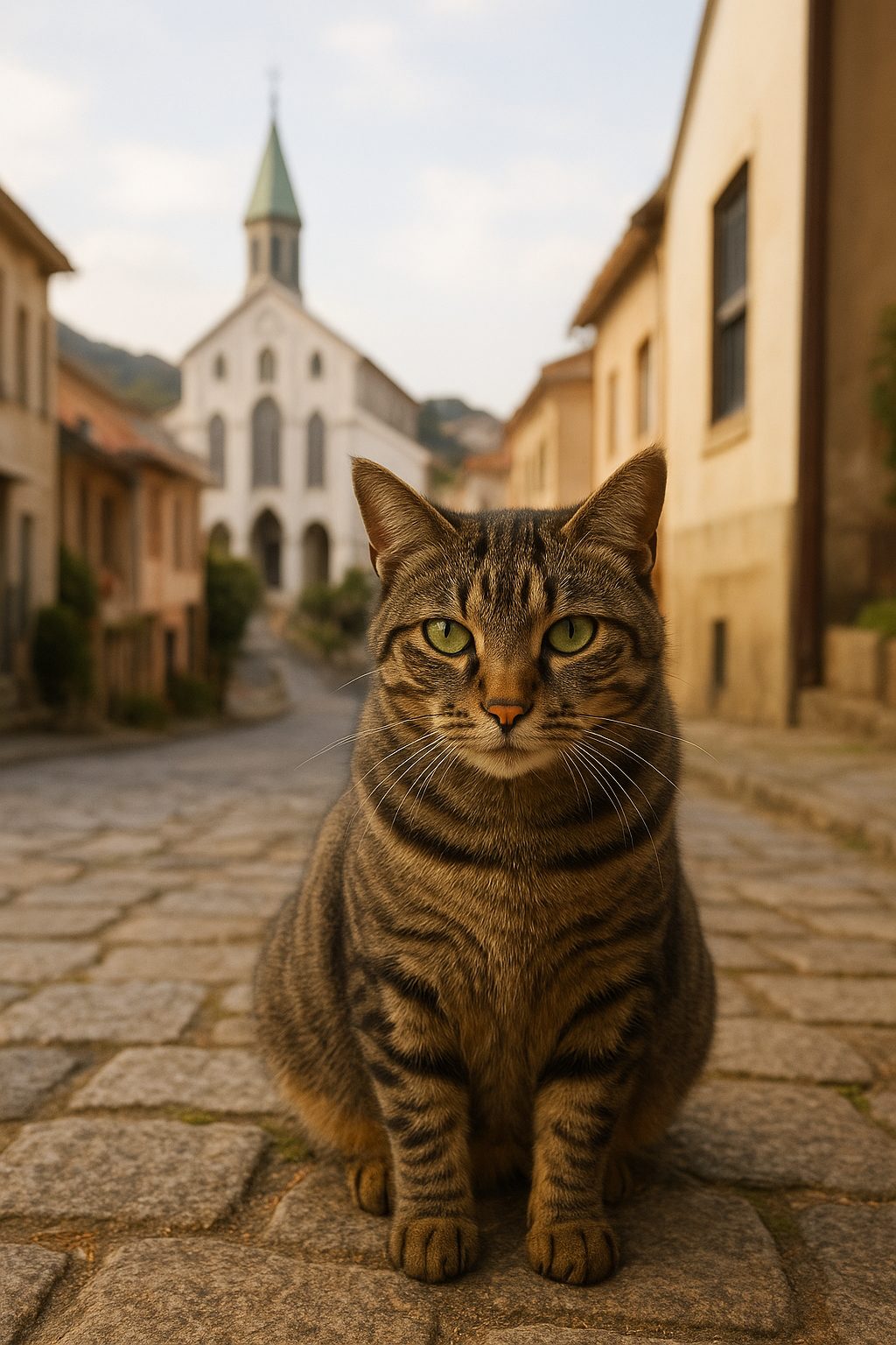 石畳の坂道に座るキジトラ猫。長崎で出会える尾曲がり猫の雰囲気を感じさせる写真