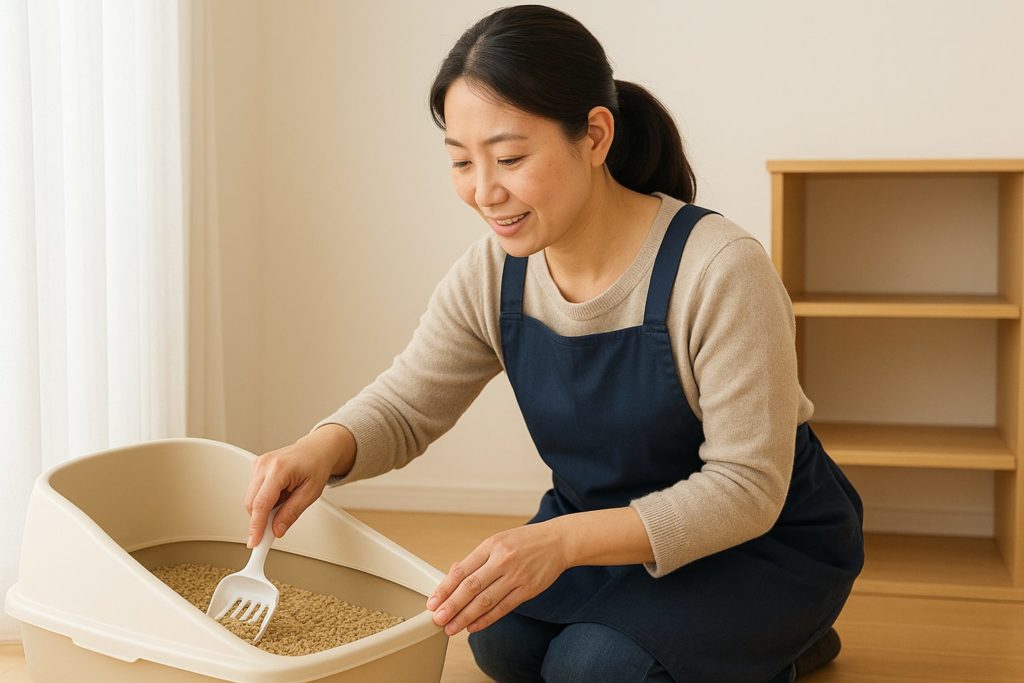 猫用トイレを丁寧に掃除するペットシッター