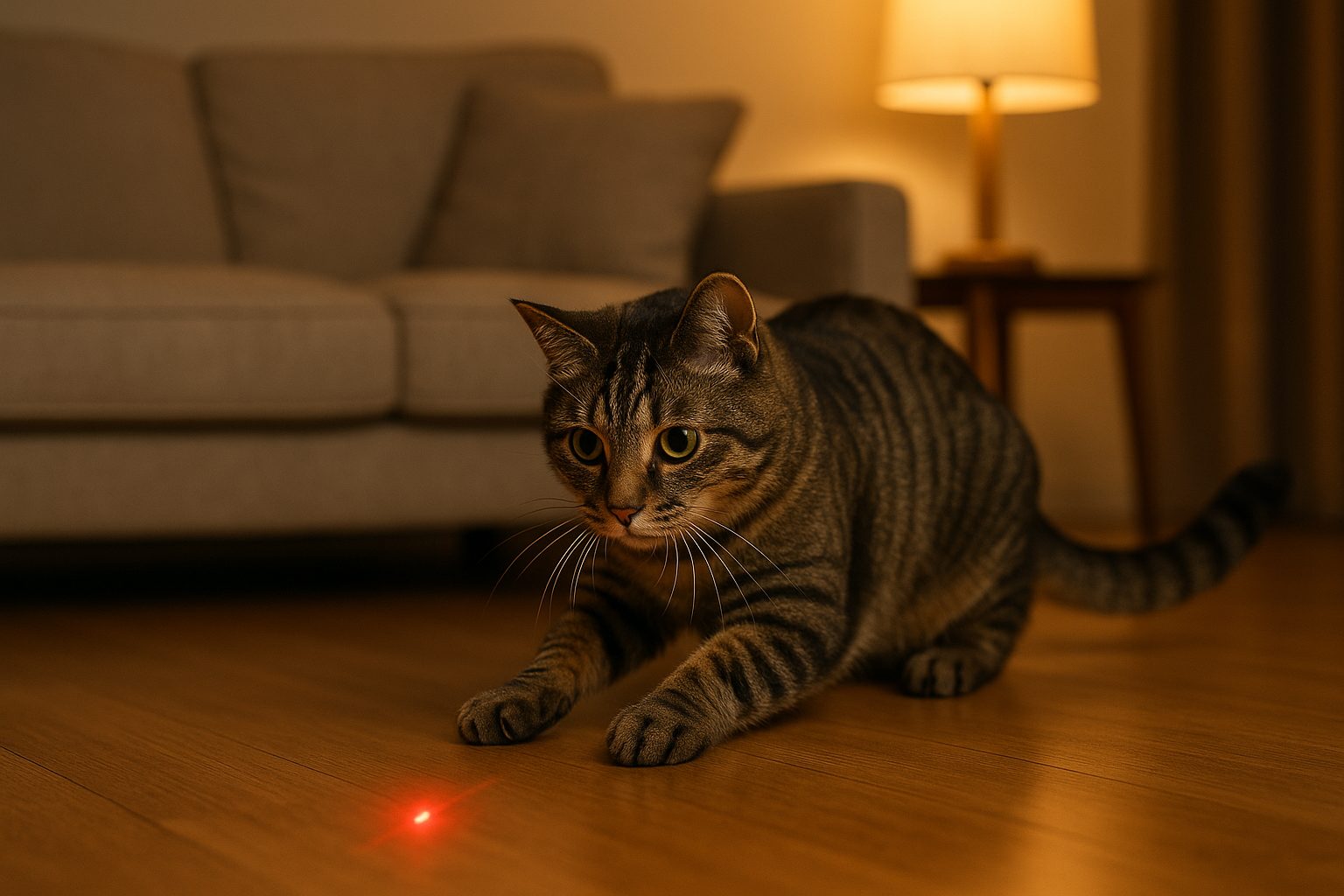 レーザーポイントを追いかけるキジトラ猫｜老猫の運動不足対策におすすめのおもちゃ