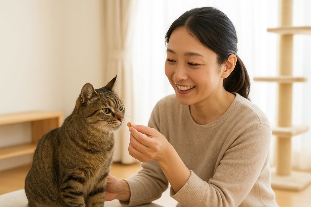 猫におやつをあげる優しいペットシッター
