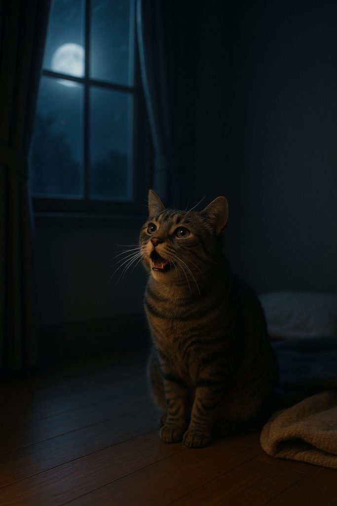 夜鳴きして不安そうな表情のシニア猫