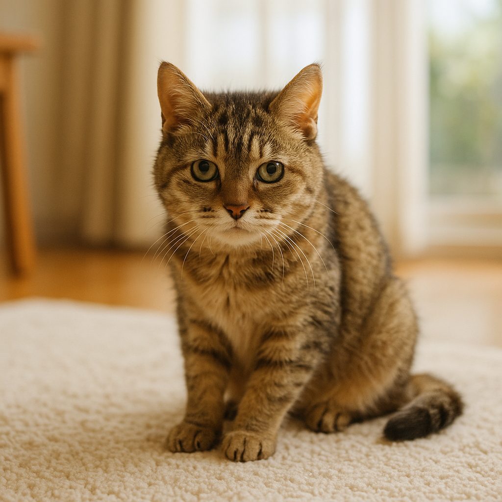 便秘で元気がなく不安そうに座っている老猫（キジトラのみいちゃん）