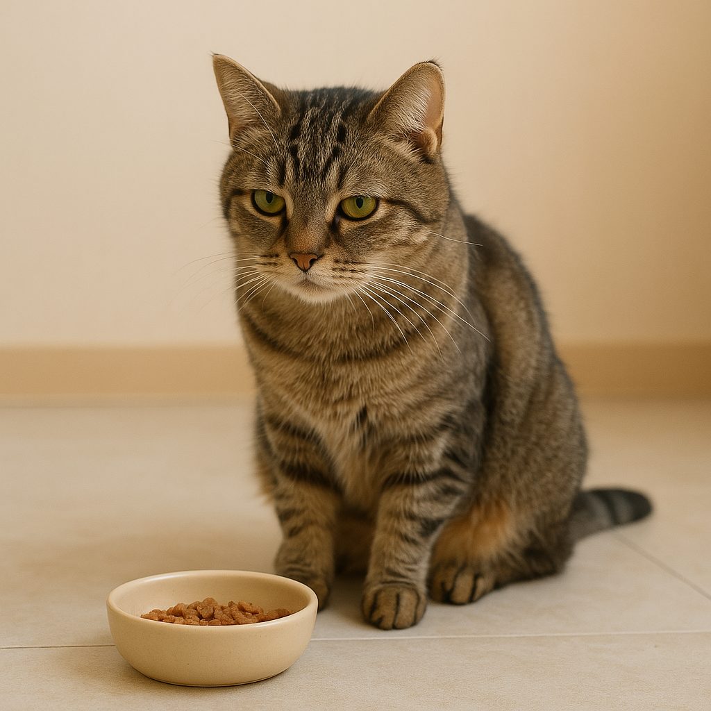 老猫がご飯を前にして食欲がなく座っている様子（キジトラ猫のみいちゃん）