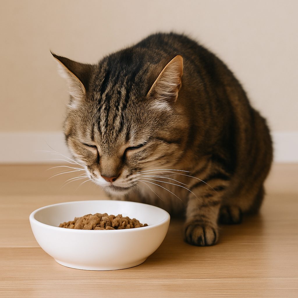 老猫（キジトラ猫のみいちゃん）がご飯をおいしそうに食べている様子