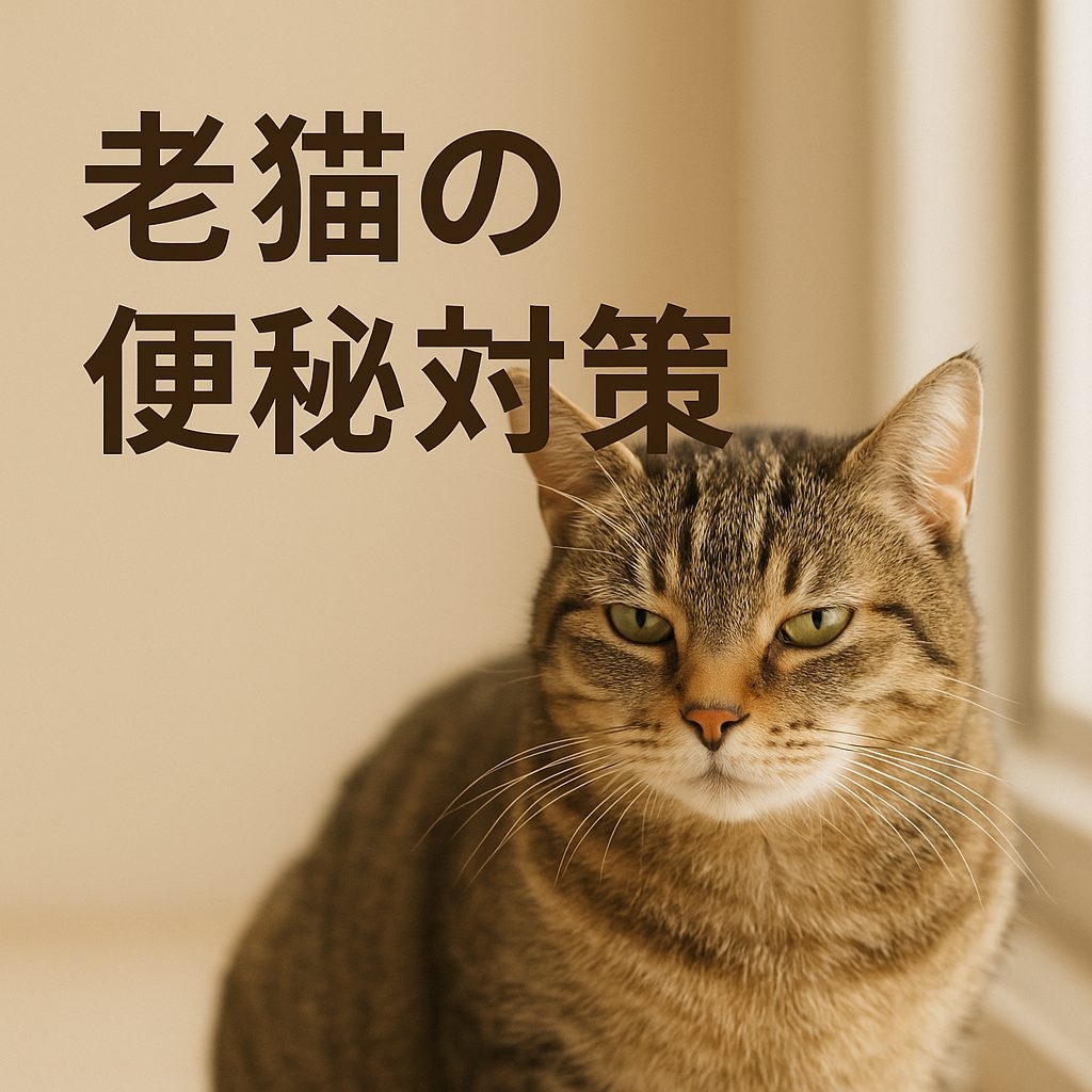 老猫の便秘対策をイメージしたアイキャッチ画像（室内で落ち着いた表情のキジトラ猫）