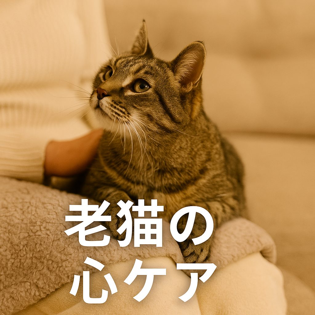 膝の上でくつろぐキジトラの老猫。飼い主に寄り添いながら安心した表情を見せる、心ケアをテーマにした温かい写真。