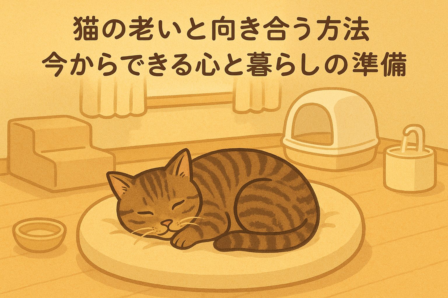 暖かい部屋でキジトラのシニア猫が丸くなって眠っているイラスト。老猫が安心して暮らせるよう、低いステップや猫ベッド、給水器が置かれた穏やかな室内風景。
