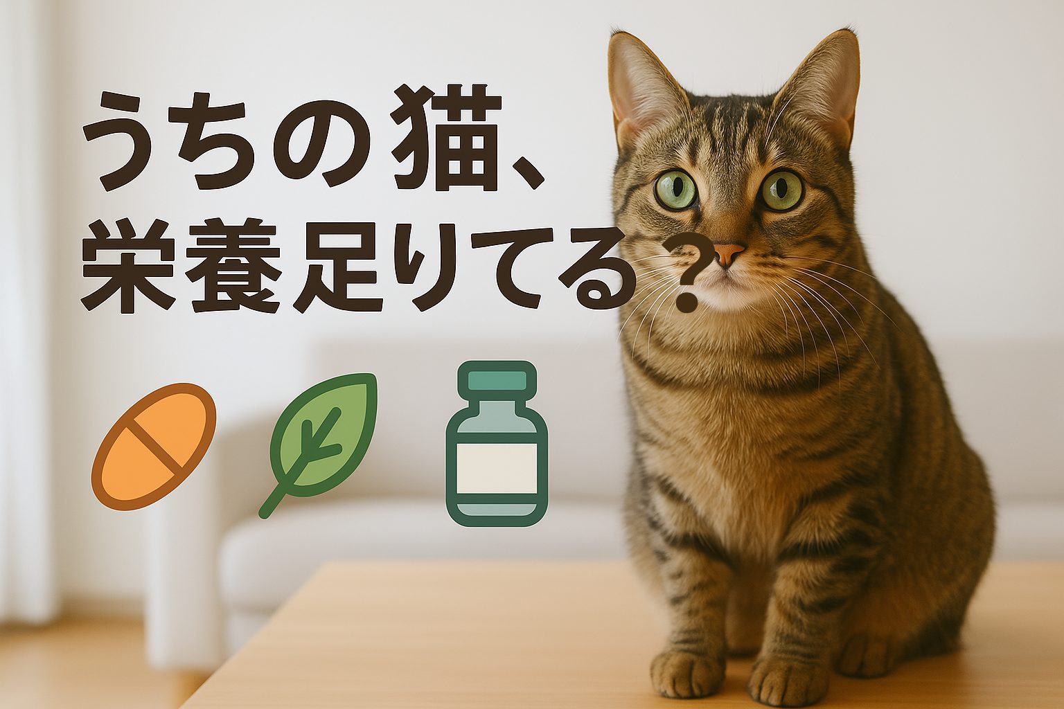 猫とサプリメントや薬瓶が並ぶ写真。健康チェックをイメージ。
