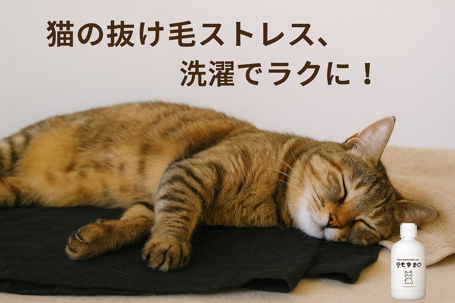 黒い服の上で気持ちよさそうに眠るキジトラ猫と、ペットの抜け毛対策用洗剤リモサボンの写真