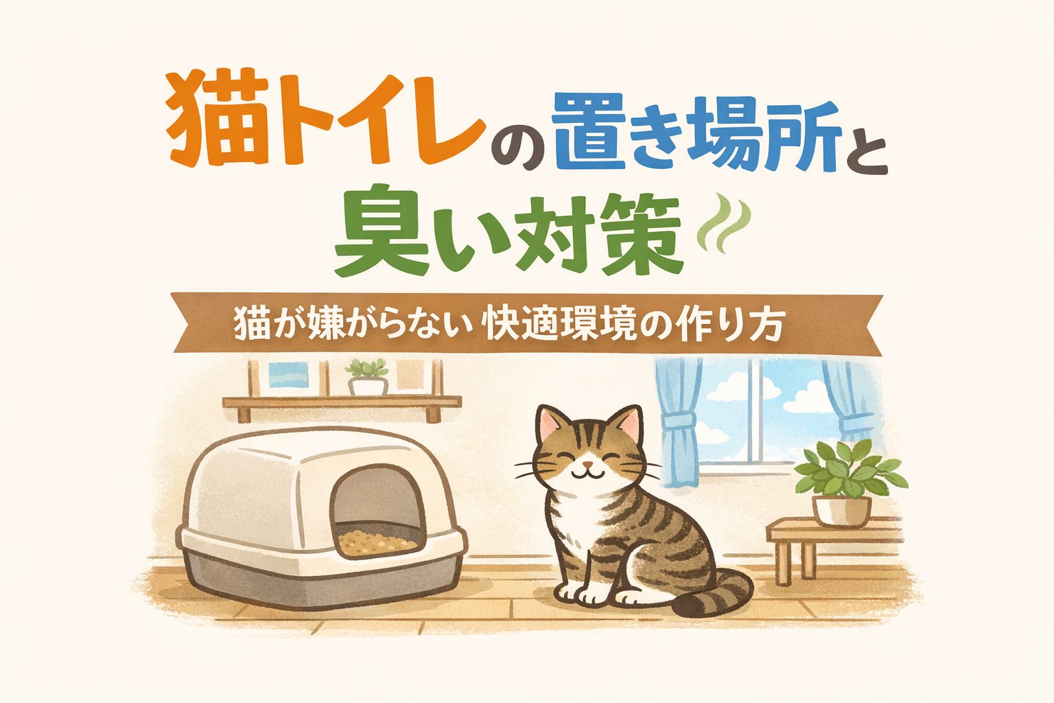 猫トイレの置き場所と臭い対策を解説するイラスト。部屋の一角に置かれた猫トイレの横で、キジトラ猫が安心した表情で座っている