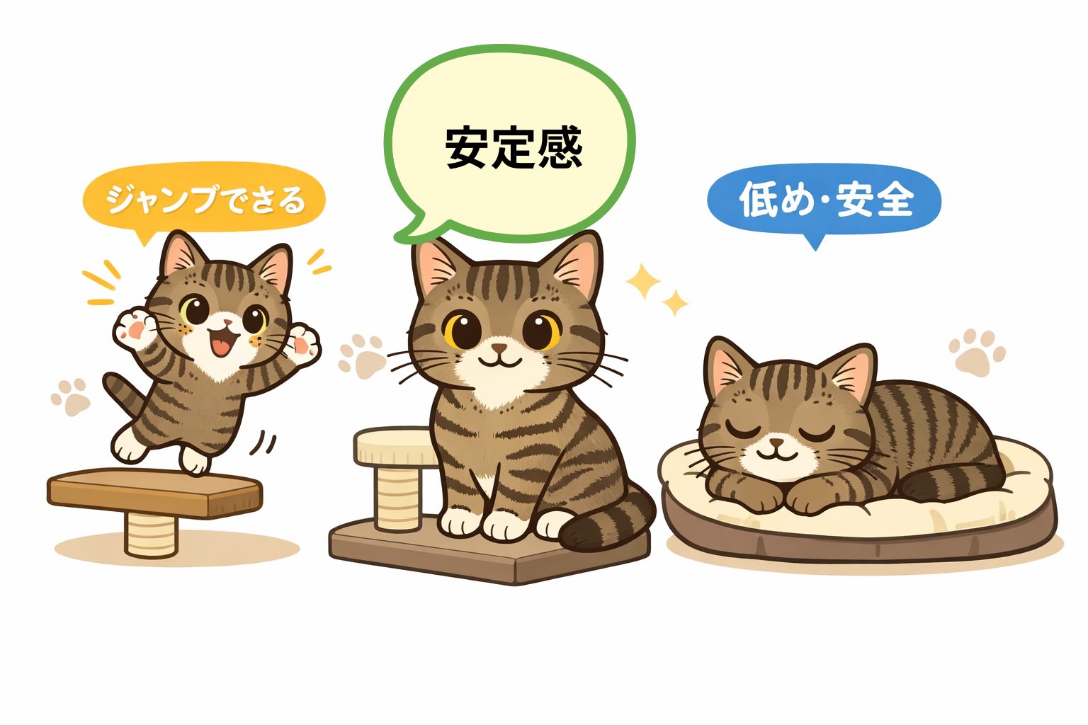 年齢別にキャットタワーの使い方が分かるイラスト（子猫・成猫・シニア猫）