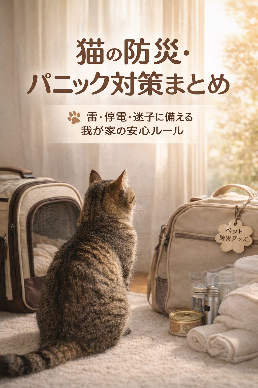 雷や停電に備えて防災グッズとキャリーを用意した室内でくつろぐキジトラ猫