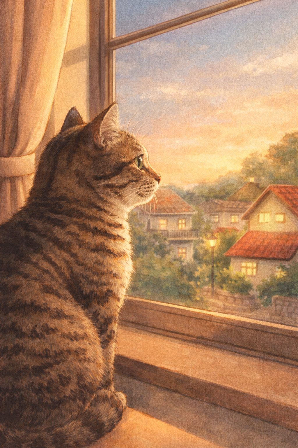 窓の内側から外を眺める室内飼いの猫。外に出さず守るという選択を表している