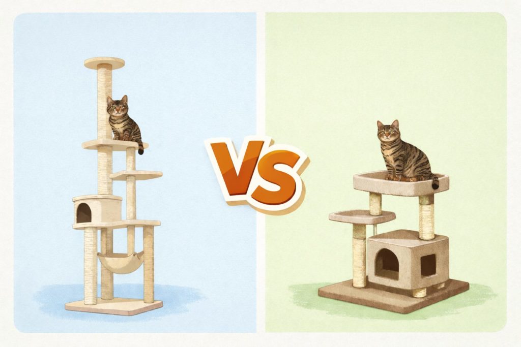 突っ張り型と据え置き型キャットタワーの違いがわかる比較画像