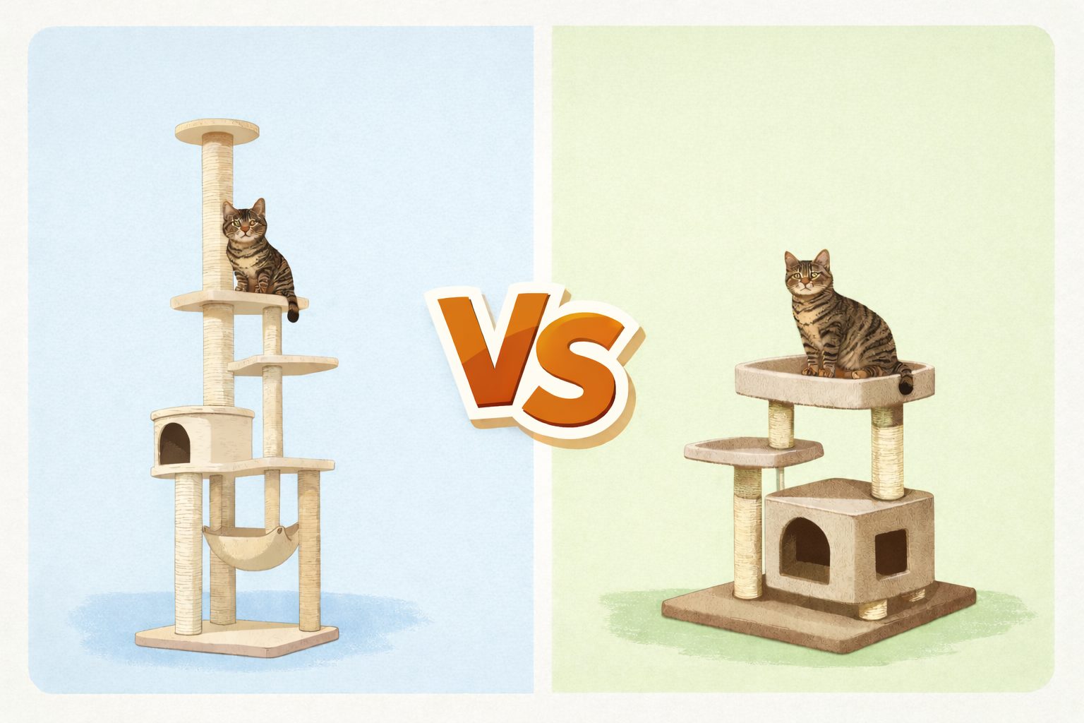 突っ張り型キャットタワーと据え置き型キャットタワーを左右で比較したイラスト