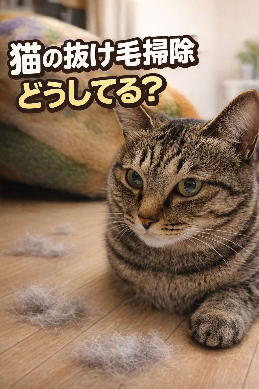 猫の抜け毛がフローリングに落ちている様子とキジトラ猫