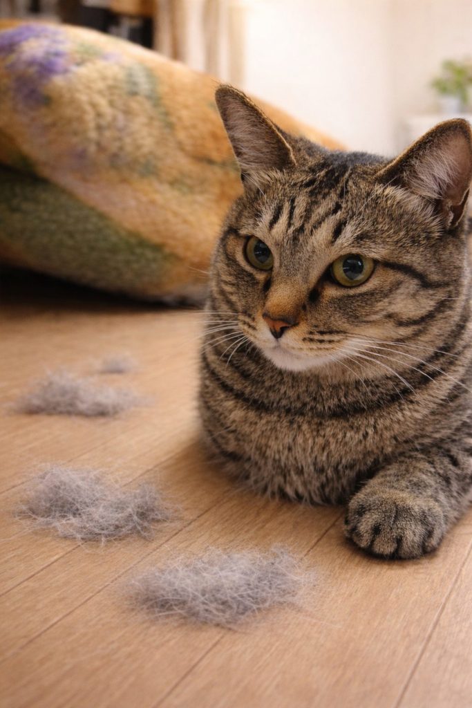 猫の抜け毛がフローリングに落ちている様子とキジトラ猫